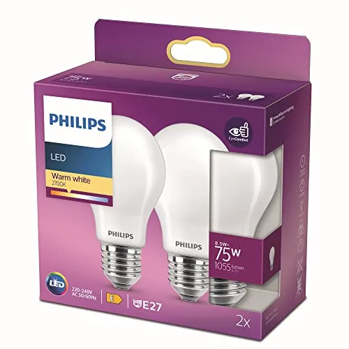 Philips LED E27 75W Lâmpada Branca Quente - Pack 2 Unidades