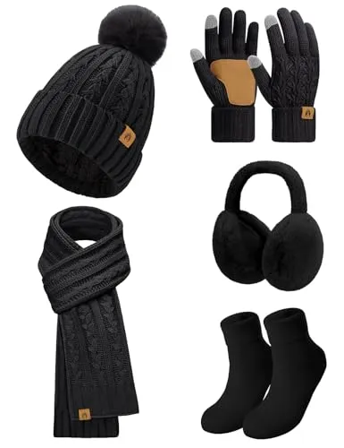 UMIPUBO Conjunto de Inverno Feminino 5 Peças | Gorro, Cachecol, Luvas, Tapa-orelhas e Meias