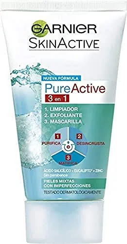 GARNIER Skin Active Pure Active 3 em 1 - Limpeza, Esfoliante e Máscara Facial