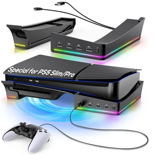 Base Horizontal RGB para PS5 Slim com 4 Portas USB e Iluminação LED